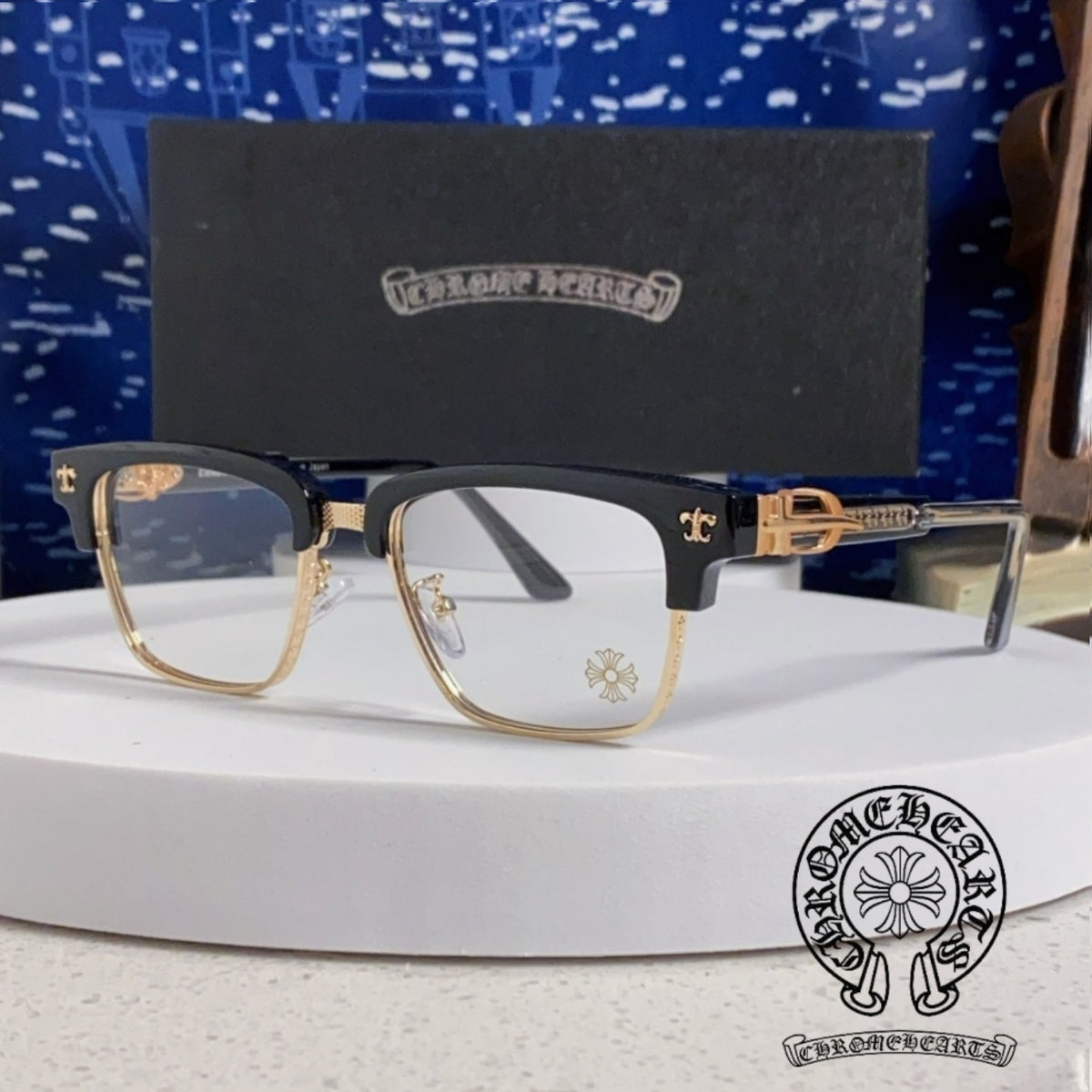 Chrome Hearts Black & Gold Browline Glasses